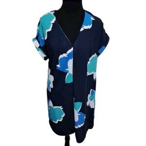 A New Day Blue Green Big Flowers Cap Sleeve Shift Dress Size Small Knee Length